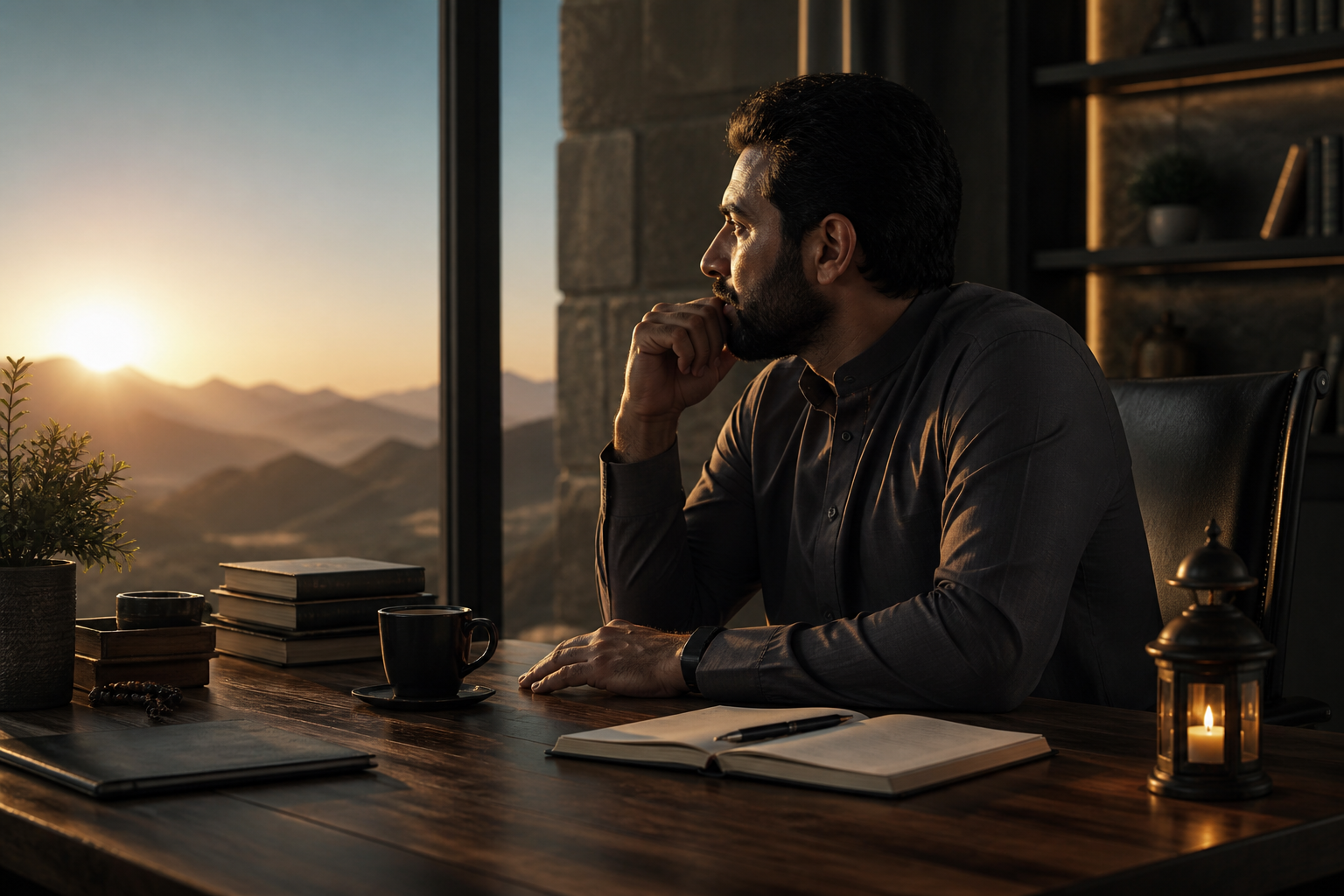Warm daylight across a calm coaching workspace with books, paper, and natural textures